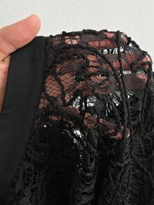 Elenzga 大码女式优雅新款秋季连衣裙，采用 3D 刺绣蕾丝、雪纺透明泡泡袖、褶皱面料装饰、腰部系带蝴蝶结、立领，适合婚礼宾客、派对、夜间外出、时尚设计长裙 - 黑色 - 查看 6