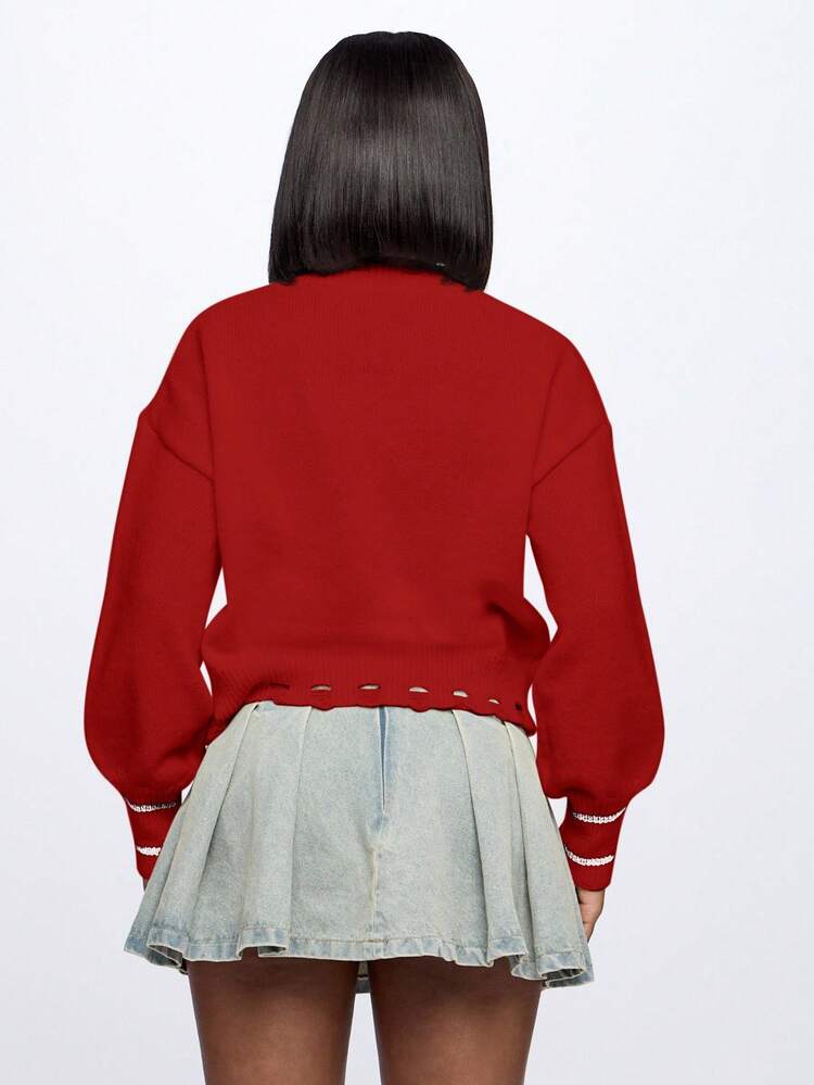 SUMWON WOMEN Button Down Cardigan With Distressed Hem And Varsity Letters