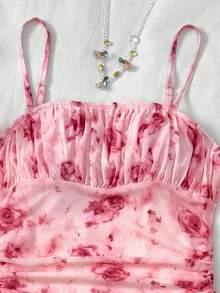 SHEIN Vestido de verano para adolescentes, nuevo año, día de San Valentín de color rosa y blanco con estampado floral de malla, cuello halter, para vacaciones/días festivos, vintage/playa/mar/elegante, vestido rosa con flores, vestido de verano - Rosa - Ver 7
