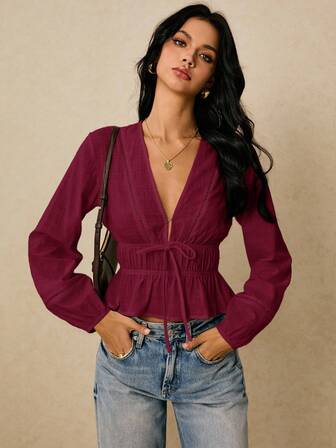 Poéselle Women's Elegant Elegant Burgundy Commuter Shirt With Front Tie And Ruffle Hem, Autumn Office