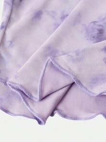 SHEIN Girlism Áo thun tay loe nhún bèo họa tiết hoa thanh lịch, vừa vặn cho bé gái tuổi teen, thích hợp mặc vào mùa thu/xuân, mặc thường ngày - Màu tím hoa cà - Xem 4