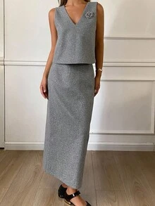 DAZY 2pcs Women's Elegant Solid Color V-Neck Sleeveless Crop Top With Bow Decor & Straight Hem Midi Skirt Suit Set, Autumn/Winter Lounge Sets For Women - Grey - View 1