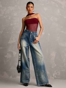 SHEIN BAE 女士纯黑色无肩带透视性感连体衣，适合音乐节、演唱会、派对、度假、日常穿着、庆祝活动、街头活动、节日装扮 - 酒紅色 - 查看 3