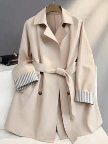 Franclia Casual Commuter Versatile Loose Double-Breasted Waist Tie Soft Twill Fabric Spring Autumn Khaki Women Trench Coat, Mid-Length Windbreaker, Women Casual Autumn - Khaki - View 3