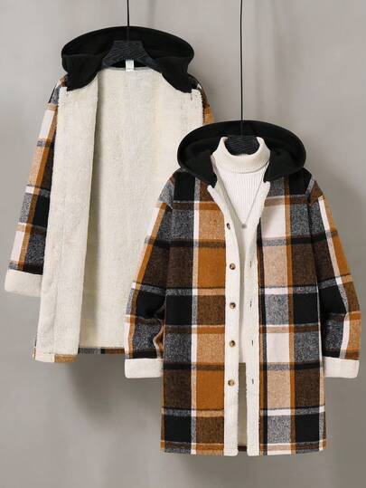 SHEIN 1 Piece Tween Boy Leisure Sports College Composite Plush Lining Thick Mid-Length College Plaid Tweed Hooded Jacket, Suitable For Kids Outfits Toddler Boy Clothes Back To School Boys Set Suitable For Birthday Parties, Evening Parties, Performances, Opening Ceremonies Daily Suitable For Daily Use Suitable For School Suitable For Suitable For Sports Suitable For Autumn And Winter