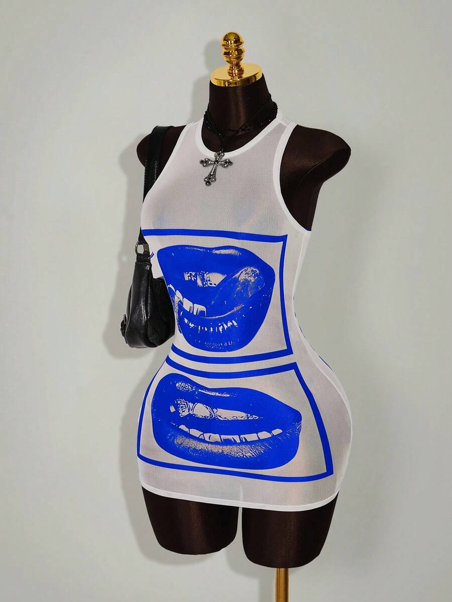 Amplova 女式性感唇印透明紧身迷你连衣裙 - 藍色 - 查看 1