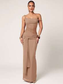 Silquee Váy ôm vai lệch màu gợi cảm cho nữ - Màu Khaki - Xem 3