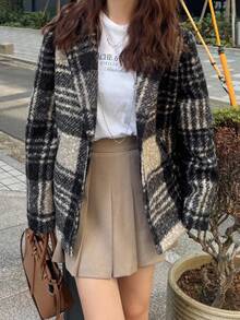 FRIFUL 女士格子翻领宽松休闲西装外套商务装 - 黑色 - 查看 2