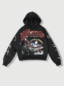 ROMWE MEN Street Life Spring Casual Graphic Men'S Hooded Sweatshirt, Casual Street Style, Popular American Eye Graphic Print Short Hoodie, Autumn/Winter, Long Sleeve Top - Black - View 5