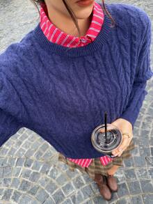 INAWLY Casual Solid Color Round Neck Long Sleeve Versatile Women Sweater - Navy Blue - View 4