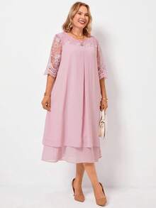 Miaspire Plus Size Women's Round Neck Mesh Splice Casual Daily Wear Spring Summer Ripe Elegant Mom Pink Dress