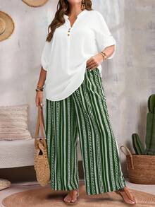 EMERY ROSE Plus Size Casual Solid Color Shirt And Striped Pants 2 Pieces Set - White - View 6