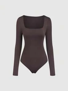 Sweetra 3pcs/Set Women's Long Sleeve Bodysuit In Apricot, Coffee Brown, Black, Slim Fit Minimalist Commuter Versatile