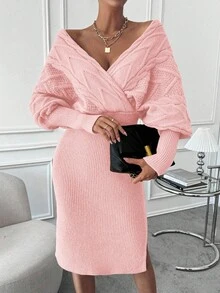 EMERY ROSE 蝙蝠袖开衩裹身毛衣裙针织套装针织两件套毛衣裙套装毛衣两件套冬季两件套 - 淺粉色 - 查看 6