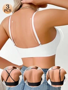 Set de 3 sujetadores inalámbricos sin costuras para mujeres, con relleno, cuello en V, de unicolor y diseño minimalista, cómodos - Multicolor - Ver 2