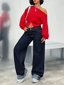 EURMUSE WOMEN LOW WAIST WIDE LEG JEANS RED EMRIODERY AND STICH DETAIL - Dark Wash - View 5