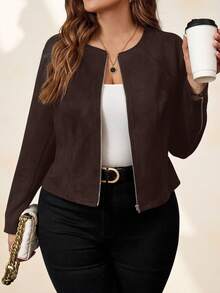 SHEIN Clasi Áo khoác da lộn giả màu đen cỡ lớn cho nữ, thanh lịch cho trang phục đi làm hàng ngày và công sở - Cà phê nâu - Xem 4