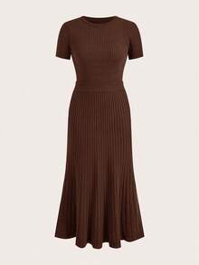 Modelyn 2 件套女士纯色圆领短袖上衣和优雅针织裙套装 2 件套女士秋冬装 - 咖啡棕 - 查看 6