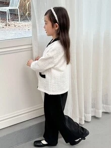 Genkimix Kids Set de 2 piezas con chaqueta de hombros caídos y pantalones rectos con decoración de bolsillo para niña casual - Beis - Ver 2
