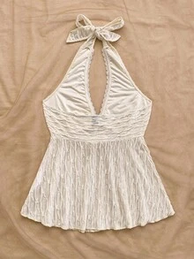 Soleia 女士度假针织提花纹理吊带打结 V 领褶饰 A 字背心，适合派对、约会、情人节、海滩、游轮、下午茶 - 白色 - 查看 2