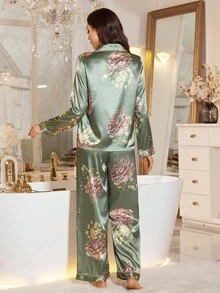 LuxeNights Women's Satin Floral Print Elegant Lapel Collar Long Sleeve Pajama Set, Fall Winter Clothes - Green - View 2
