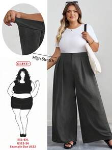 SHEIN CURVE+ Curves 大码/学校服装/返校服装/返校大码女士办公室服装，黑色高腰直筒休闲裤，简约时尚，适合日常穿着