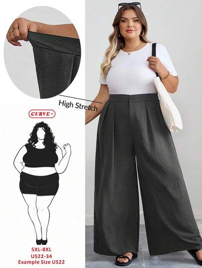 SHEIN CURVE+ Curves 大码/学校服装/返校服装/返校大码女士办公室服装，黑色高腰直筒休闲裤，简约时尚，适合日常穿着