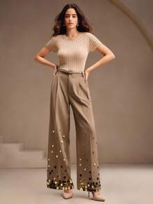 Anewsta High Waist Straight Leg Pants With Gradient Handmade Brown Sequin,Pockets,Summer,Elegant,Office,Work,Formal,Chic,New Year,Christmas,Graduation Pants - Khaki - View 7
