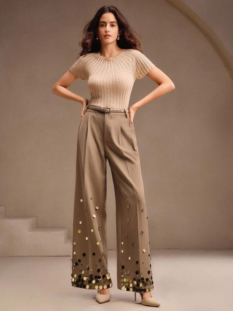 High Waist Straight Leg Pants With Gradient Handmade Beaded Trim And Pockets, Suitable For Autumn, Fall, Winter, Going Out, Elegant, Formal, Chic, New Year, Christmas, Work, Graduation