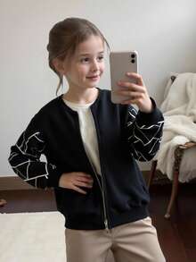 SHEIN 秋冬少女针织休闲宽松拉链长袖外套 - 黑色 - 查看 2