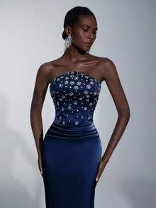 Elitara Elegant Handmade Rhinestone Embellished Strapless Mermaid Tail Dress With Ruched Waist,Perfect For Weddings,Formal Events,Galas,Dates And Vacations - Navy Blue - View 4