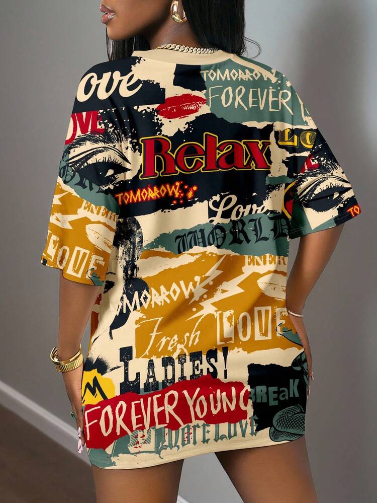 Slaydiva Vestido Mini Decote em V/Roupas de Verão para Mulheres/Roupas de Outono para Mulheres/Vestido Mini de Malha Casual e Simples/Roupas Y2K/Streetwear/Roupa para Sair/Gráfico de Pôster Vintage - Multicolorido - Visão 2