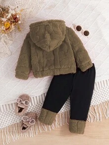 SHEIN 2件套女婴连帽卫衣和毛边裤套装，时尚又可爱 - 棕色 - 查看 2