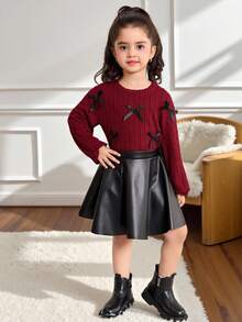 年轻女孩休闲优雅 T 恤套装，采用 3D 蝴蝶结针织纹理，宽松长袖 T 恤和 PU 喇叭中裙套装，女孩酒红色和黑色裙子套装 - 酒紅色 - 查看 5