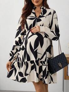 SHEIN 孕妇V领花卉印花荷叶边下摆休闲连衣裙 - 彩色 - 查看 5