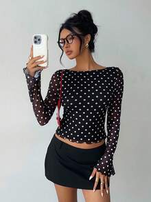 MainGRL Women's Autumn New Polka Dot Mesh Backless Flare Sleeve Long Sleeve T-Shirt See Through Top Backless Shirts Long Sleeve Sheer Top Polka Dot Top Open Back Tops