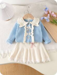 SHEIN 女宝宝公主风蝴蝶结针织套装秋冬圆领3D麻花毛衣+百褶裙两件套甜美可爱 - 淺藍色 - 查看 8