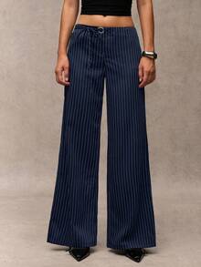 SHEIN BAE 女式条纹休闲低腰直筒百搭裤