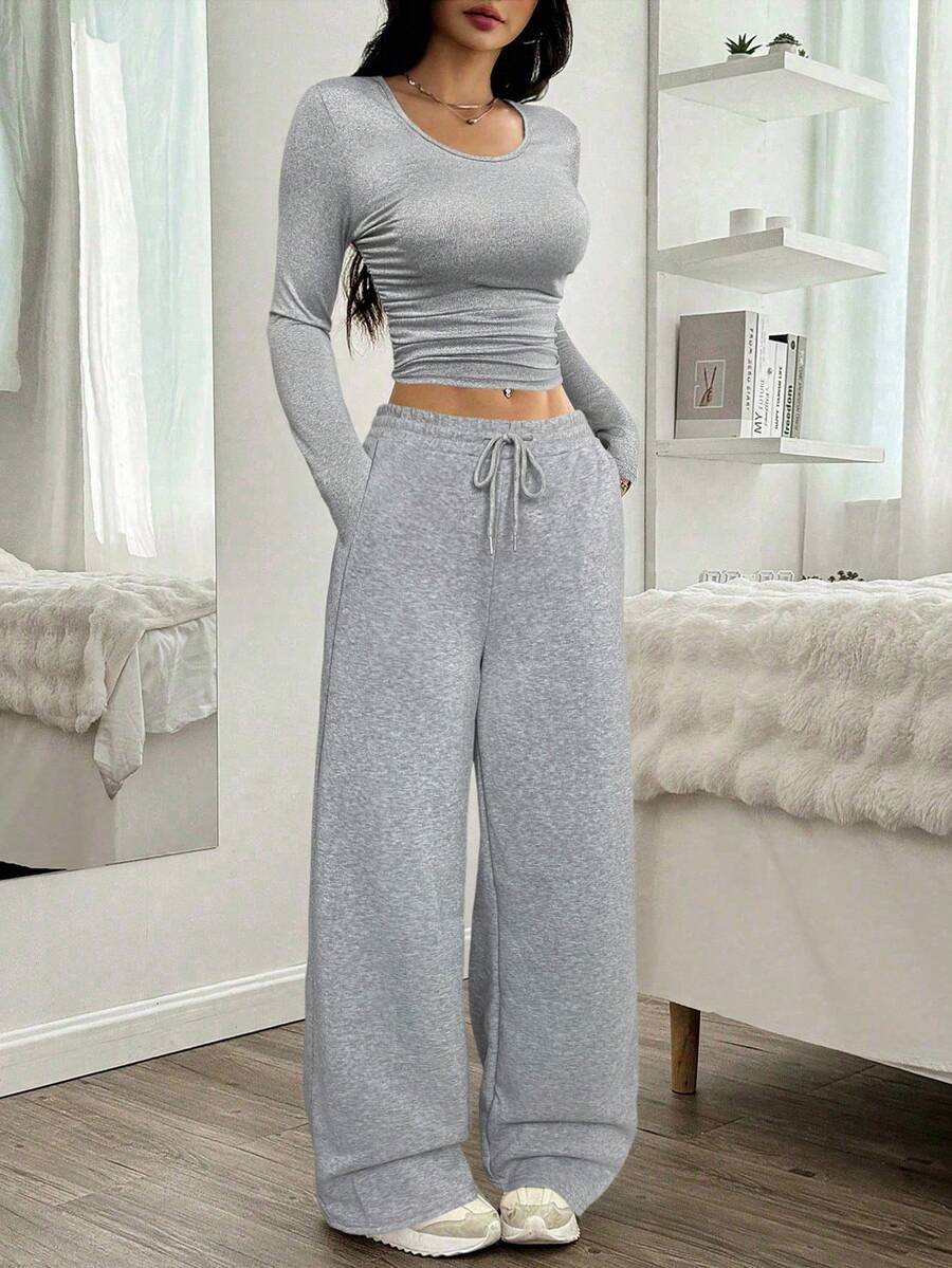 SHEIN EZwear 2pcs Women Solid Color Round Neck Long Sleeve T-Shirt And Pants Set - Grey - View 1