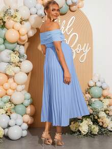 Loomaby Maternity Fashion Off Shoulder Pleated Dress For Baby Shower - Blue - View 2