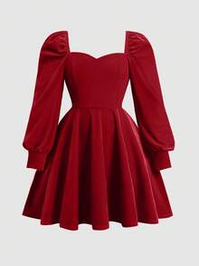 SHEIN Tween Girl Casual Minimalist Comfortable Puff Sleeve A-Line Waist Cinched Dress - Red - View 7