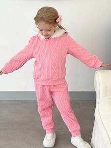 SHEIN LMoss Kids 2件套少女纯色连帽人造毛皮装饰休闲运动衫和紧身裤套装 - 粉色 - 查看 4
