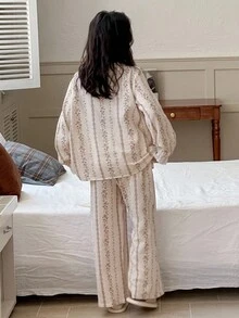 DAZY 女童碎花V领长袖睡衣套装 - 杏色 - 查看 6