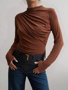 Aidyla Camiseta unicolor de cuello alto fruncido