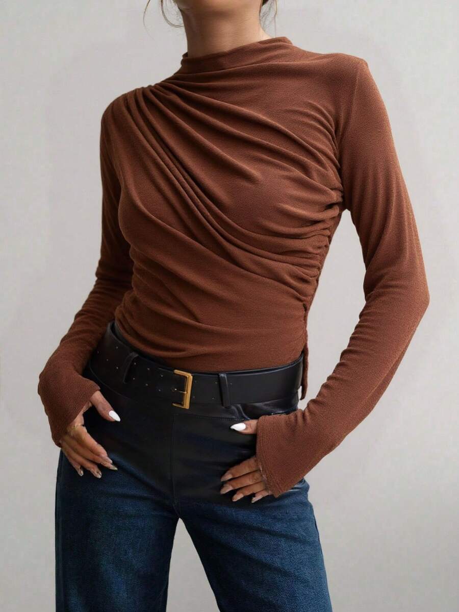 Aidyla Camiseta unicolor de cuello alto fruncido