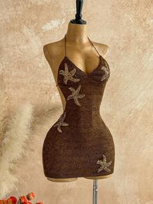 Soleia 女式性感吊带绑带紧身迷你连衣裙 - 咖啡棕 - 查看 6