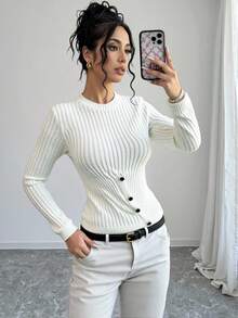 EURMUSE Women Solid Color Rib Knit Round Neck Button Detailed Pullover,Jumper,Cream Jumper,Jumpers,Black Jumper,Womens Jumper,White Jumper,Women's Jumper,Women's Jumpers,Winter Clothes - Cream - View 1