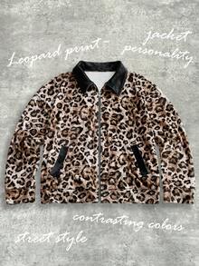 Y2Kool BiGraphic Women's Leopard Print Velvet Contrast Color Loose Jacket, Suitable For Autumn/Winter, Y2K Back To School Street Style Winter Casual Stylish Collection New Year - Coffee Brown - View 6