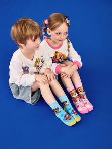 SHEIN | PAW Patrol 2 双棉质柔软透气吸湿排汗儿童男童中筒袜粉色蓝色可爱卡通中筒袜加固脚趾和脚跟，经久耐用男女通用，适合男孩和女孩，四季百搭，适合学校和户外，夏季冬季，狗狗，Skye，Chase - 彩色 - 查看 6