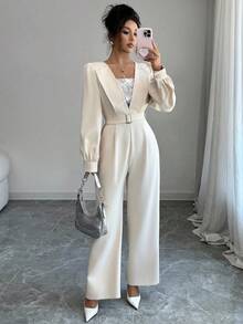 Selianne Bộ đồ liền thân chắp vá sequin thanh lịch dành cho nữ, thắt eo, mùa thu - Màu be - Xem 3